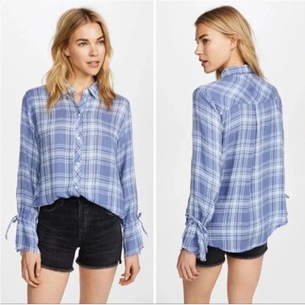 Rails M Astrid Cali Blues Tie Cuff Shirt Top Button Up Linen Plaid Western